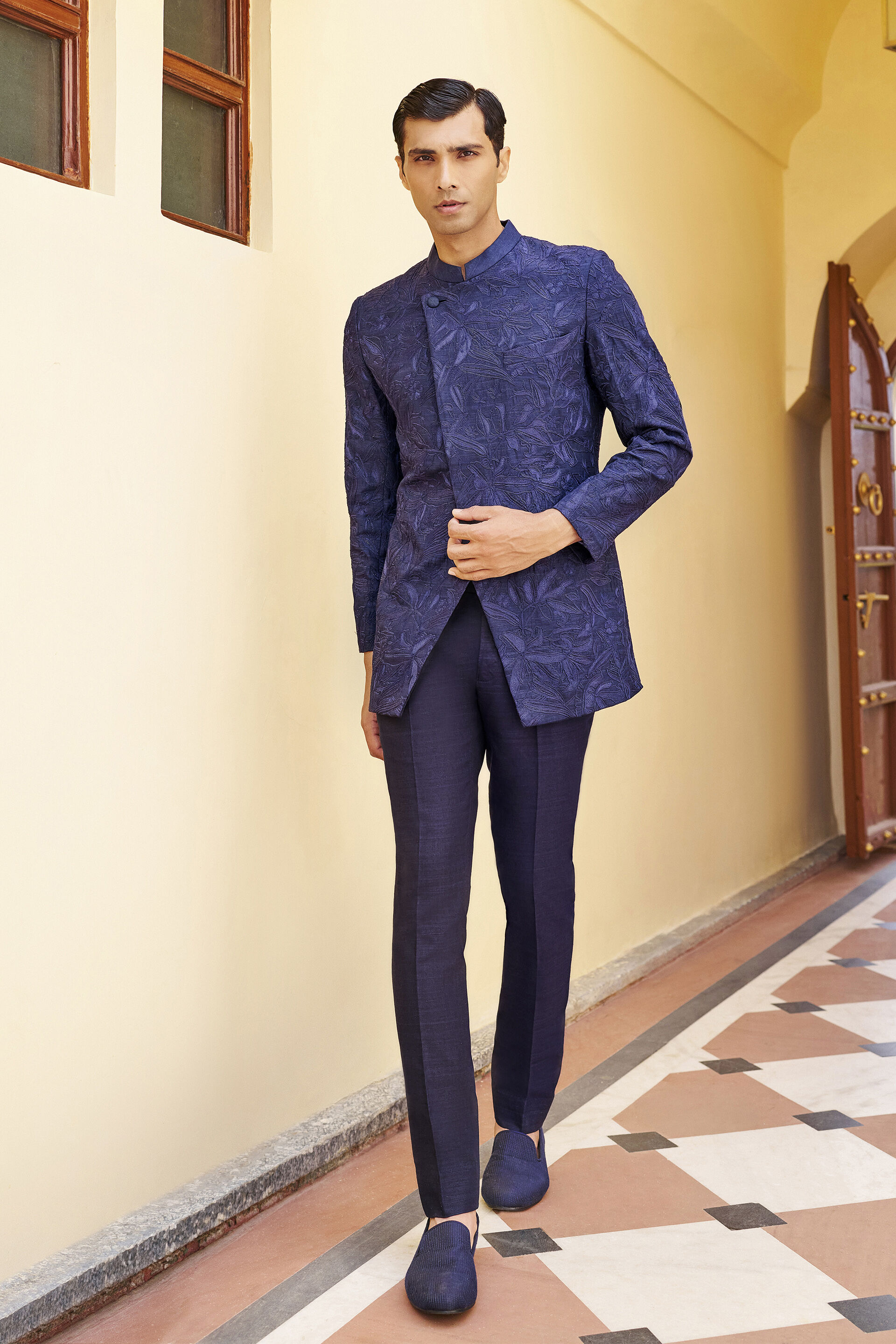 Rhapsody Embroidered Cord Silk Overlap Bandhgala - Navy